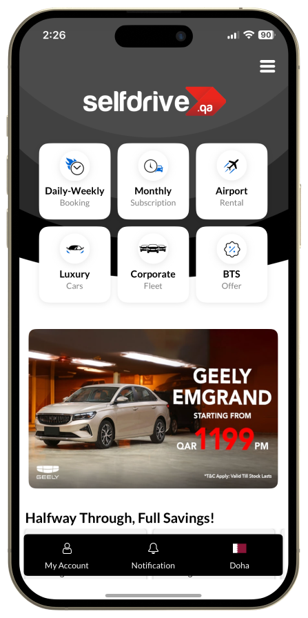 A cell phone showing a SelfDrive car rental application with offers and booking options